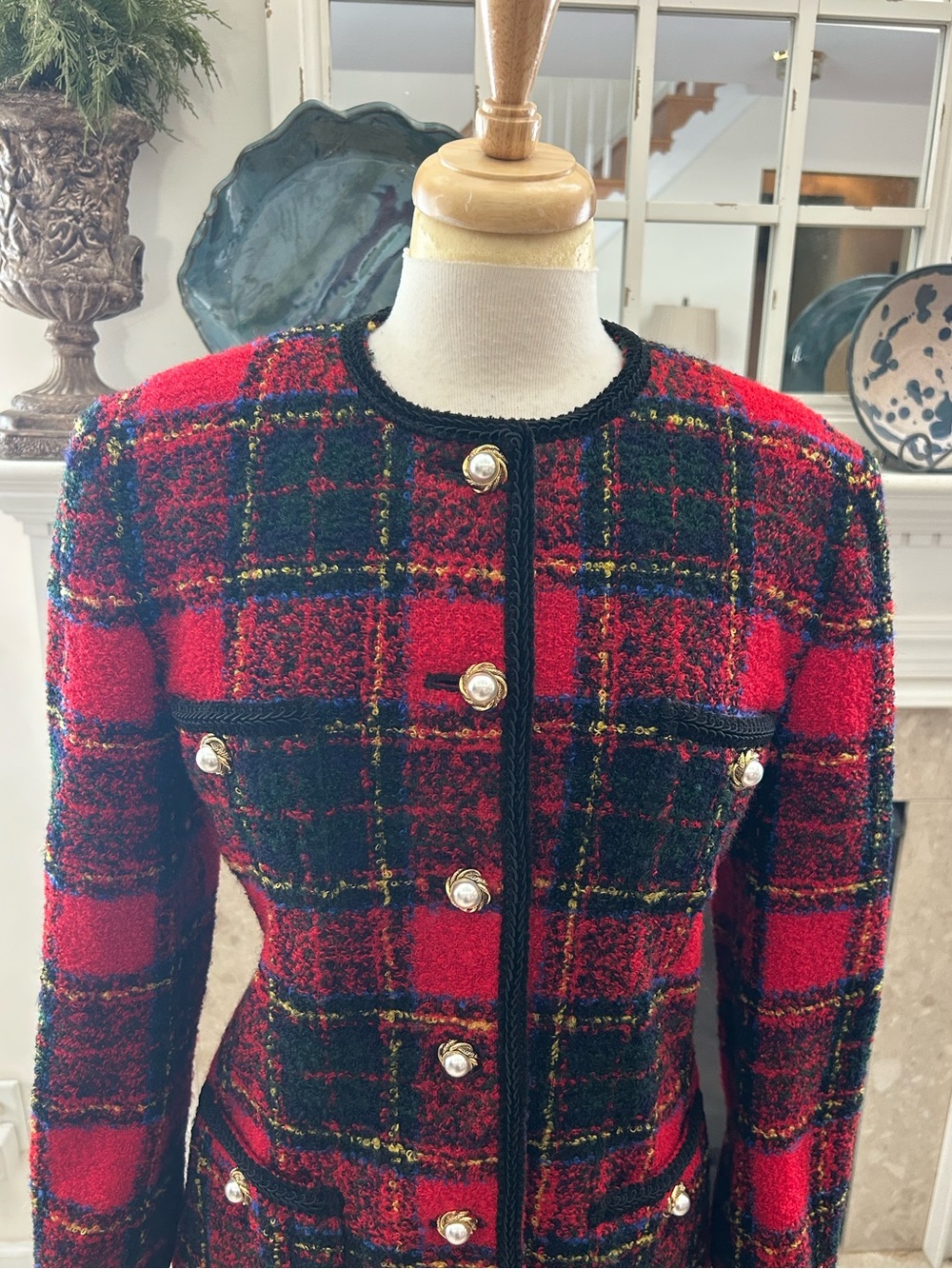 Saks Fifth Avenue - Channel Style Red and Black Plaid Tweed Vintage/Rare Jacket - Picture 2 of 12